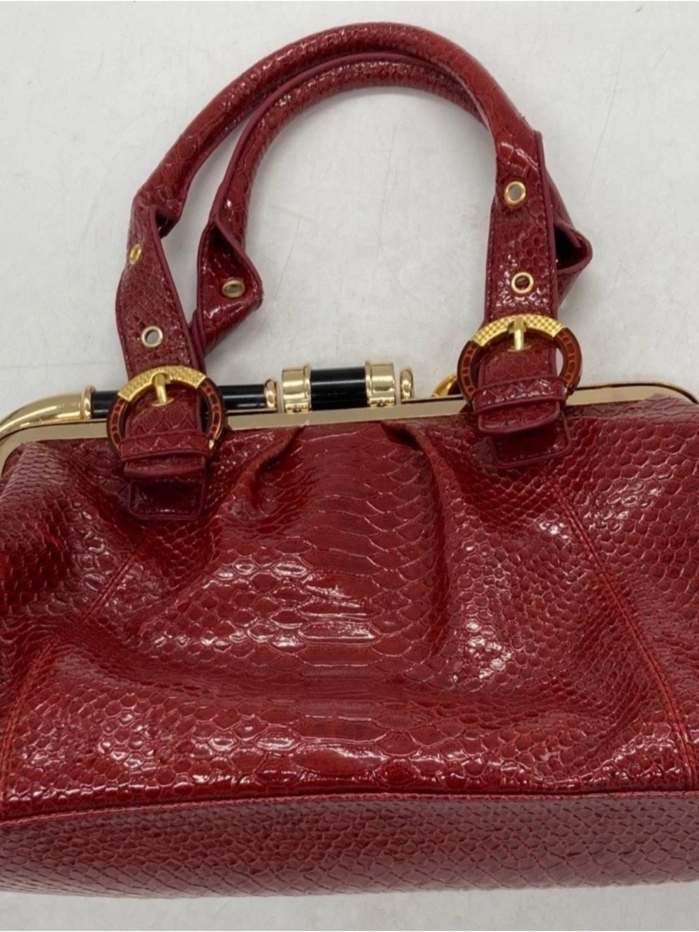 UE Red Faux-Snakeskin Top-Handle Satchel with Gold Accents